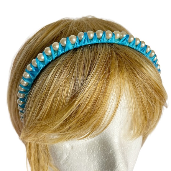 New Women and Girls Satin Hair Band Accessories Hand made blue With White pearls - Picture 2 of 11